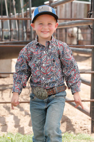 CINCH Boys Cinch Boy’s Paisley Print Button Down Western Shirt Royal/Black/Red