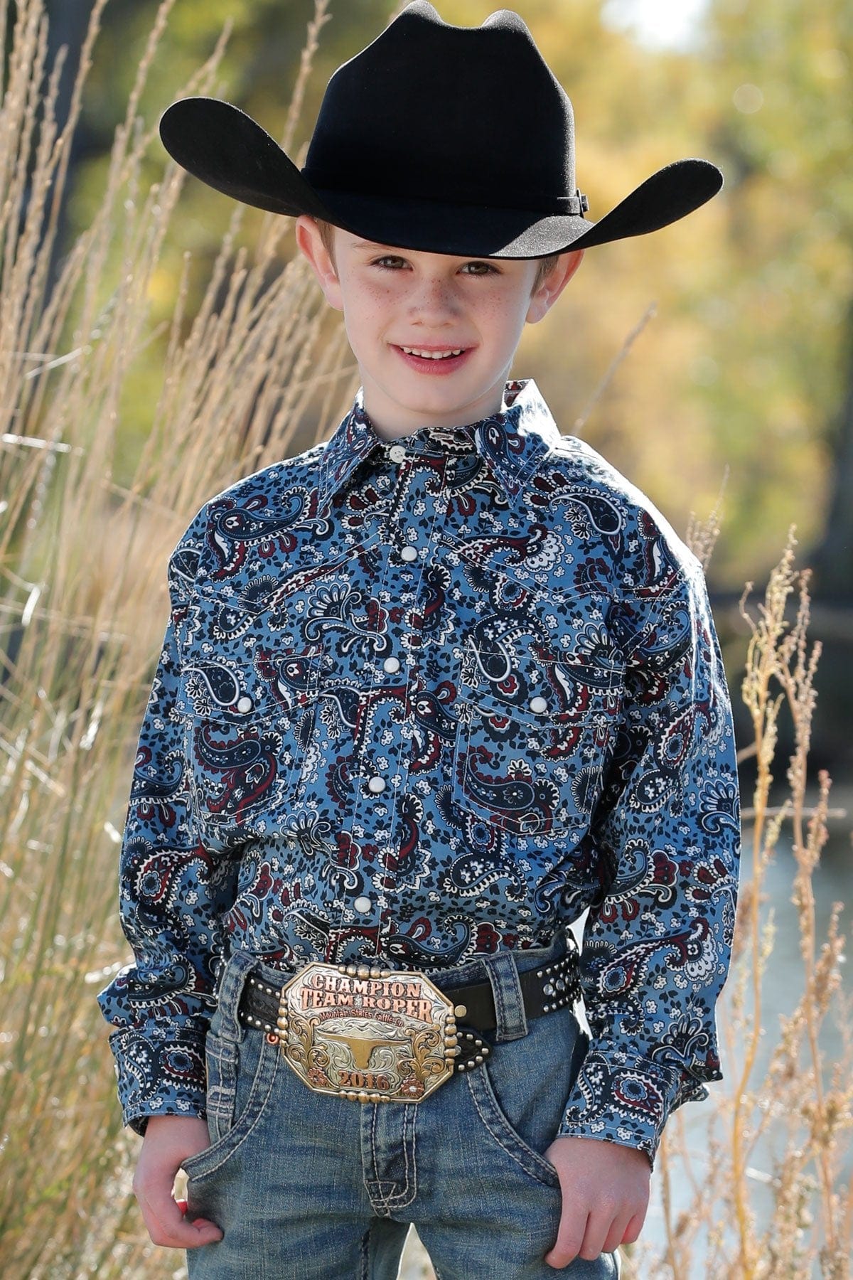 Boy's Paisley Print Button-Down Western Shirt - Blue / Red / Brown