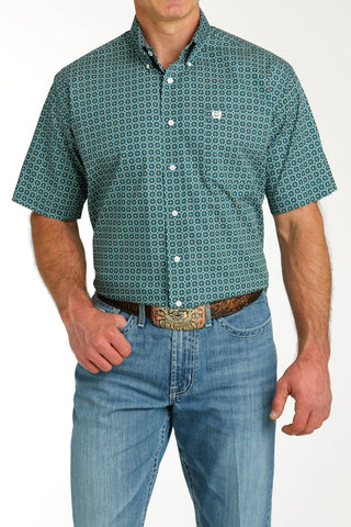 CINCH Men's Shirts Cinch Men's Short Sleeve Print Teal/White Button Down