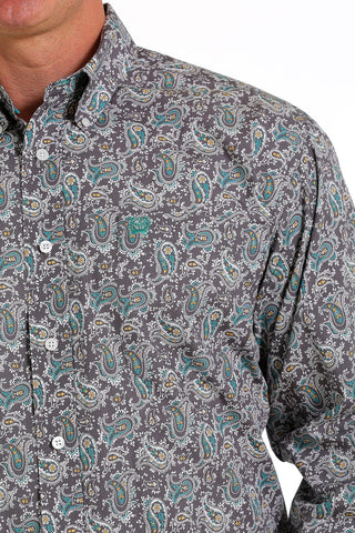 CINCH Cinch Mens Gray And Turquoise Paisley Print LS Button Down