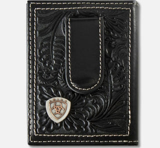 Cowboy Swagger Ariat Men’s Black Floral Embossed Front Pocket BiFold Money Clip Wallet