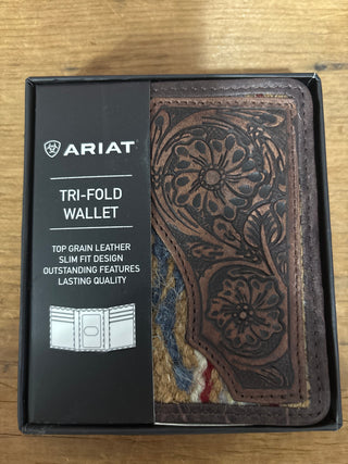 Cowboy Swagger Ariat Men’s Tooled Leather and Multi Colored Woven TriFold Wallet