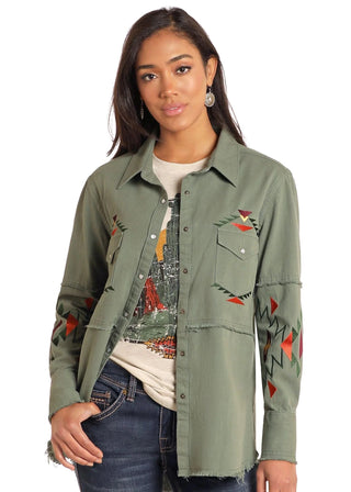 Cowboy Swagger Panhandle Women Olive Embroidered Shacket