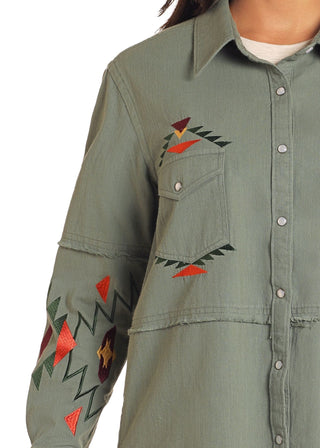 Cowboy Swagger Panhandle Women Olive Embroidered Shacket