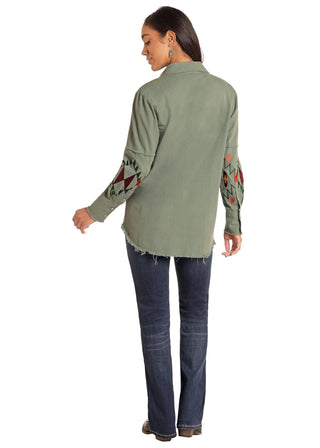 Cowboy Swagger Panhandle Women Olive Embroidered Shacket