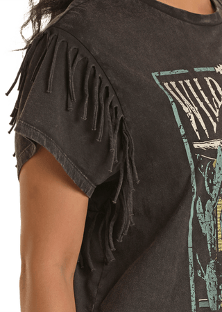 Cowboy Swagger Panhandle Women's Boxy Fringe Graphic Tee Black