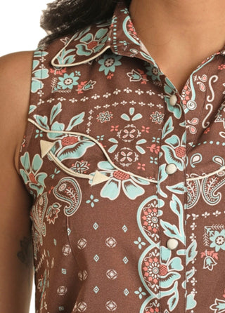 Cowboy Swagger Panhandle Women's Sleeveless Retro Snap Shirt Brown and Turquoise Floral