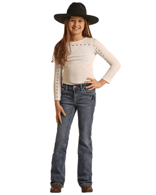 Cowboy Swagger Rock and Roll Girls Medium Vintage Cowhide Embossed Bootcut Jeans