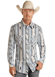 Cowboy Swagger Rock and Roll Mens Indigo Aztec Stripe Snap Shirt