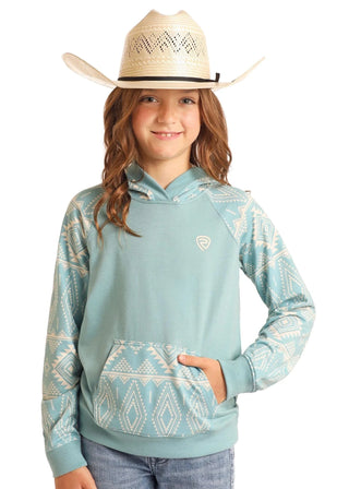 Cowboy Swagger Rock and Roll Youth Girls Contrast Sleeves Hoodie Aqua Aztec