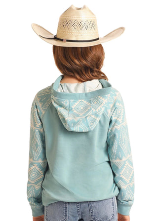 Cowboy Swagger Rock and Roll Youth Girls Contrast Sleeves Hoodie Aqua Aztec