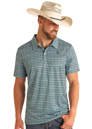 Cowboy Swagger Rock&Roll Men’s Aztec Printed Polo Teal