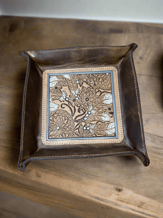 Cowboy Swagger Tooled Floral Feather Brown Leather Catchall