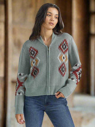 Cowboy Swagger Wrangler Womens LS Cardi Zip Aztec Print Green