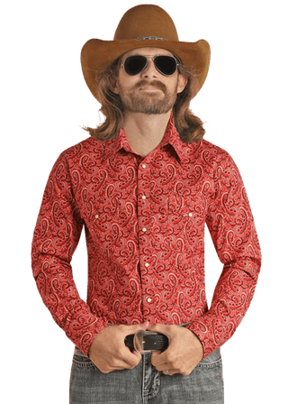 Rock & Roll Men's Shirts Rock & Roll Men’s Long Sleeve Two Pocket Paisley Dale Snap Red