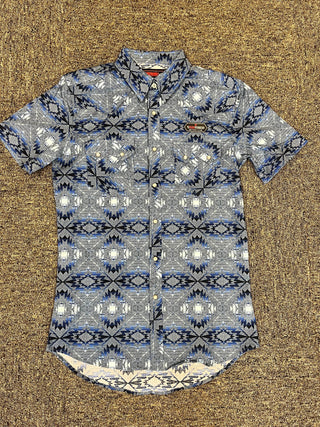 Rock & Roll Men's Shirts Rock & Roll Men's Short Sleeve 2 Pocket Aztec Snap Western Shirt Blue