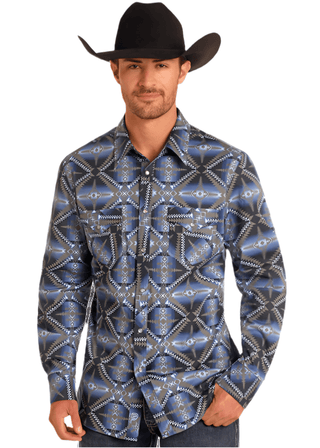 Rock & Roll Men's Shirts Rock & Roll Men's Woven Blue Print Snap