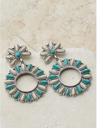 Cowboy Swagger Blazin Roxx Ivory & Turquoise Stone Round Drop Earring