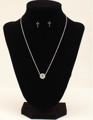 Cowboy Swagger Blazin Roxx Silver Cross Stamped Necklace & Earring Set