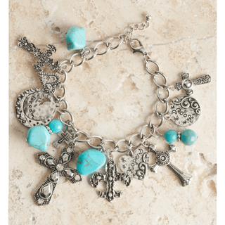 Cowboy Swagger Blazin Roxx Silver Cross & Turquoise Bead Charm Bracelet