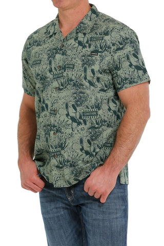 Cowboy Swagger Cinch Men’s Green Caution Cactus Print Short Sleeve Button-Down Camp Shirt
