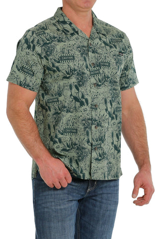 Cowboy Swagger Cinch Men’s Green Caution Cactus Print Short Sleeve Button-Down Camp Shirt