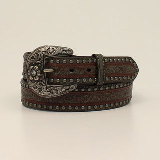 Cowboy Swagger Nocona Ladies Floral Embossed Overlay Antique Brown Belt