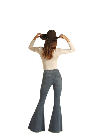 Cowboy Swagger Pants Rock and Roll Button Bells High Rise Stretch Flare Jeans