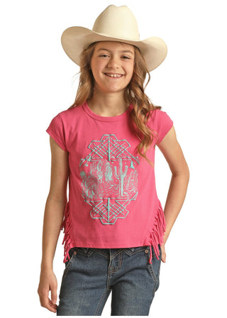 Cowboy Swagger Rock & Roll Girls Desert Graphic Fringe Hot Pink Tee
