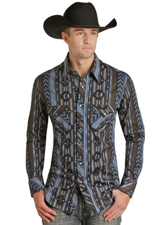 Cowboy Swagger Shirts & Tops Rock & Roll Men’s Blue Aztec Print Snap