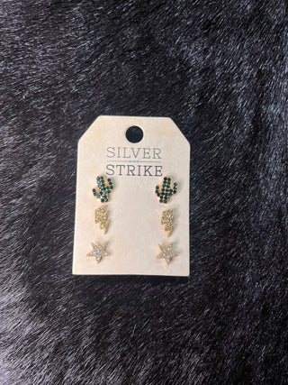 Cowboy Swagger Silver Strike Star Cactus & Lightning Bolt Stud Set